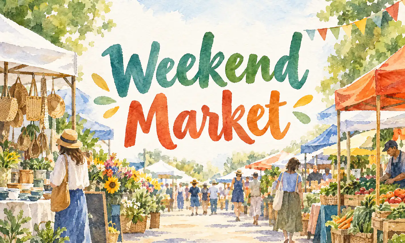 Affiche de marché à l’aquarelle générée par IA, avec le grand titre « Weekend Market » au centre. Description : Affiche à l’aquarelle d’un marché de week-end, grand titre « Weekend Market » au centre, aucun autre texte